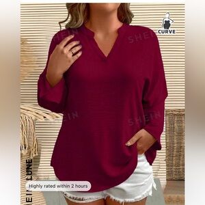 SHEIN LUNE PLUS NOTCHED NECKLINE CURVED HEM BLOUSE RED SIZE 0X 12 NEW TUNIC TOP